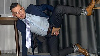suited men with open crotch is pissing like a dog and rides the dildo and cums handsfree