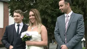 Brunette beauty in wedding dress gets fucked hard and creampied