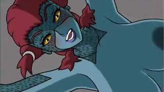 Busty cartoon babe is getting her ass stimulated with a huge dildo, in front of the camera