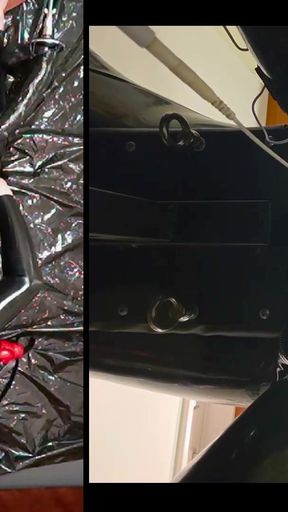 Epic moment from "Session in the pillory with Latex Catsuit, PA Chastity, Giant Didildo and Estim"