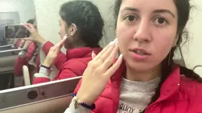 Risky masturbation and pissing in the airplane toilet