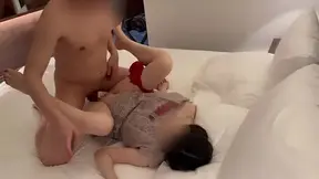 Black-haired beauty in dress gets creampie from amateur couple