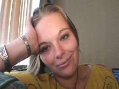 Homeless blonde with a cute smile puts her mouth to work on a big dick