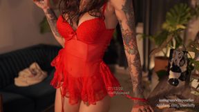 Beautiful Tattooed Girl Effy Sensually Models Her Body in a Red Babydoll, While Showing a Little of Her Sexy Hairy Pussy