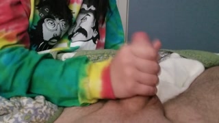 Taking care of his morning wood