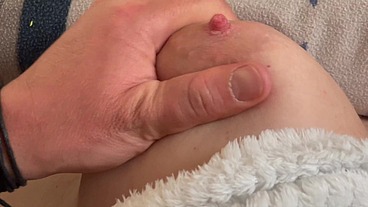 Hand Job with a lot Cum on Big Tits when He Play with My Nipples