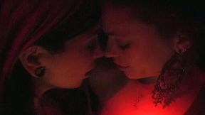 Romantic babes are kissing and making love in the dark