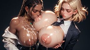 MILKY SUITS - Elegant office ladies play with each other's plump tits and suck the milk from their stiff nipples...