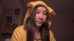 Asian girl with boyfriends and rock-hard friend in cosplay