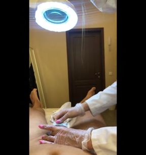 dick wax depilation by Beginner cute girl / holds my foreskin