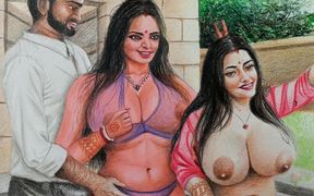 Erotic Art or Drawing of a Sexy Desi Indian Woman on Honeymoon with Husband &amp; Girlfriend