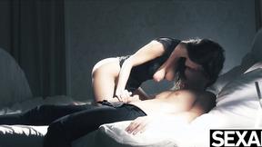 ”Watch this babe's big natural tits bounce as she rides her man”