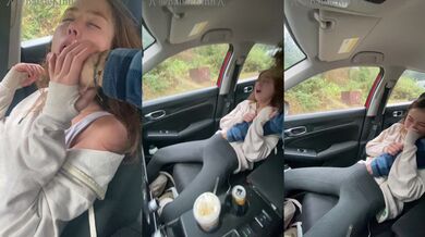 Tiny girlfriend soaked in car with wet leggings loud orgasms squirting