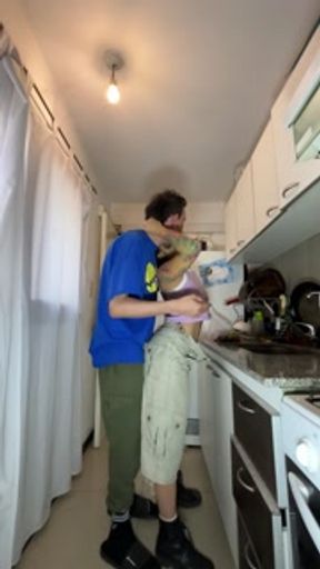 I invited my neighbor to eat, he surprised me from behind and fucked me in the kitchen