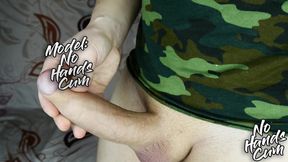 Close-up of ability to orgasm ejaculation lot of sperm without help of hand, guy in military t-shirt