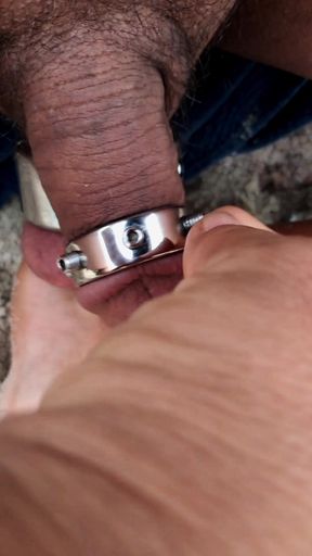 Penis humiliation at the nudist beach. Ball stretcher for my full, heavy balls and a spiked ring for my soft, loser dick.