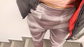 I piss 2 times in my satin outfit with pantyhose and highheels outdoor