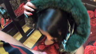 Stepmom was face-fucked. Cum on shiny and fluffy down-jacket.