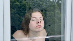 Lisa slides her face against the glass, cute piggy nose (custom video)