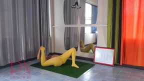 Regina Noir. Yoga in yellow tights doing yoga in the gym. A girl without panties is doing yoga.  c 2