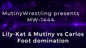 MW-1444 Carlos vs Lily-Kat and Mutiny wrestling and foot domination WMV format