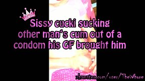 Sissy cucki sucking other man's cum out of a condom