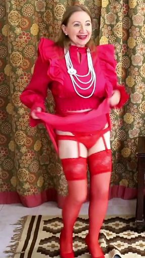 Busty hot granny MariaOld - lady in red, teasing in red stockings and high heels shoes   Clip 1
