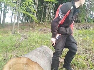 Amateur Outdoor Solo Boy - In nature's garb Jerking off on Log in Motorbike Jacket