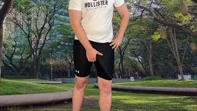 Monster cock cyclist public dick flash cum in tight pants
