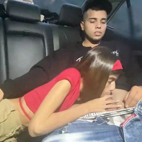 Horny stepsister gives me a blowjob in the car while we go with our parents