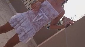 natural girl butt plug show on stairs and on roof patio