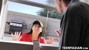 Teen Asian Ember Snow gets intimate during wild group encounter