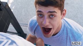 Joey Mills gets destroyed by Arno Antino raw unprotected blowjob before pounding against windows