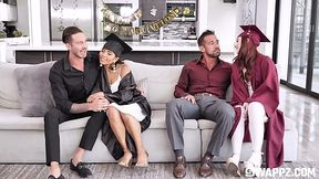 Wild foursome on couch delivers orgasm to everybody after graduation
