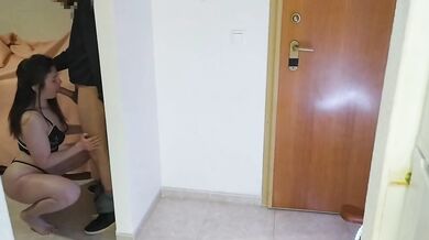 Wife fucks the delivery man while the husband watches. Cuckold fucks after