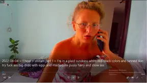 Tanned Ukrainian girl masturbates hairy pussy while fucking her ass with big dildo and eggs