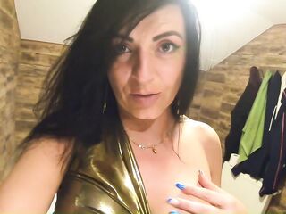 Big bazookas glisten under drenched lace robe
