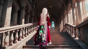 Forbidden Fantasy in Red &amp; Green Armor! Blonde Knight Lounges Seductively While Her Silver -haired Partner Kneels to Serve