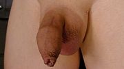 Close up soft little penis with drooping foreskin and big testicles hands free show