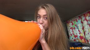 Slim Beauty Dina Inflates Giant Orange Balloon by Mouth in Old VW Multivan (HD resolution)