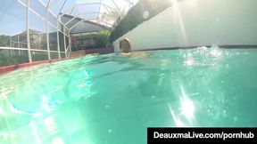 Deauxma, the busty MILF, wets her big tits in a pornstar pool