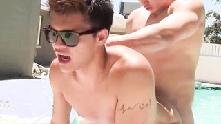 Gaysian hottie rides macho boyfriend by the pool