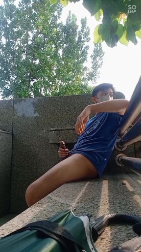 Fit young Asian hunk outdoor cemetery wank with splashing cumshot