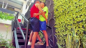 Gay Couple Masturbates on Some Stairs Secretly