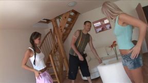 Watch what happens when these two beautiful sluts enter his room