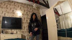Black Shiny Puffy Jacket Covered in Cum 3 Times