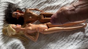 Cumshots on black and blonde Barbie Dolls