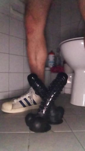 Public Toilet, Two Dildos Horny Ridden
