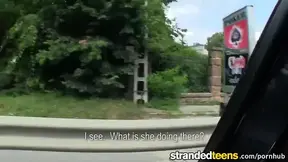 Stranded teen blonde gets a ride and faces a big cock