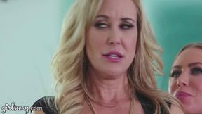 Busty businesswomen lick and rub each other's pussies